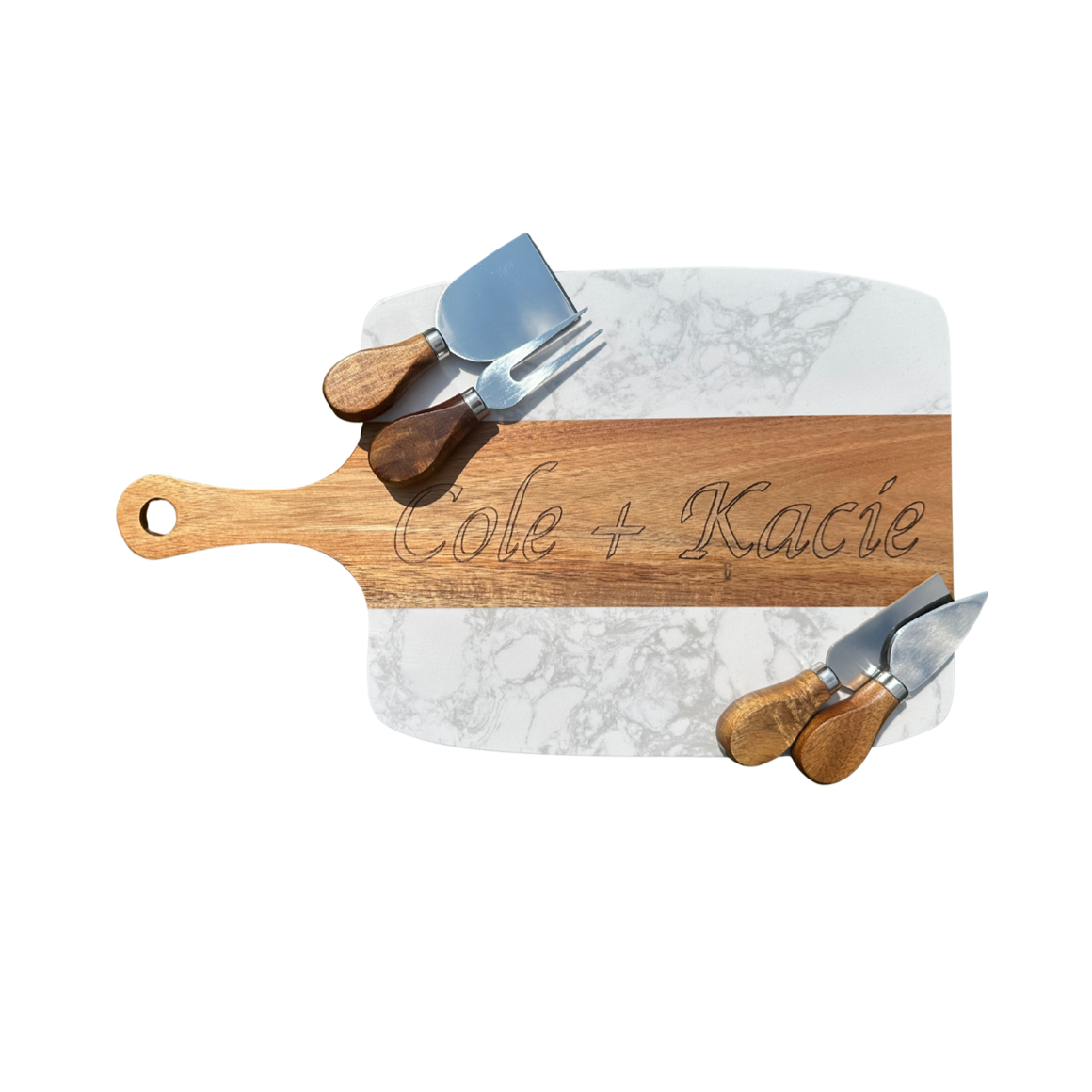 Custom Engraved Marble & Acacia Wood Charcuterie Board – Personalized Serving Set