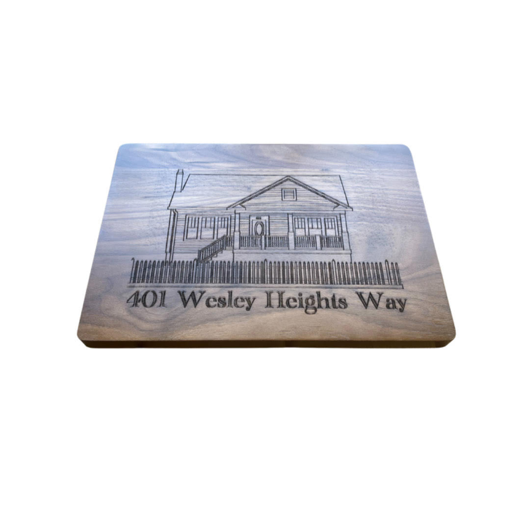 Engraved Walnut Cutting Board – Custom Home Illustration & Address (14″ x 10″)
