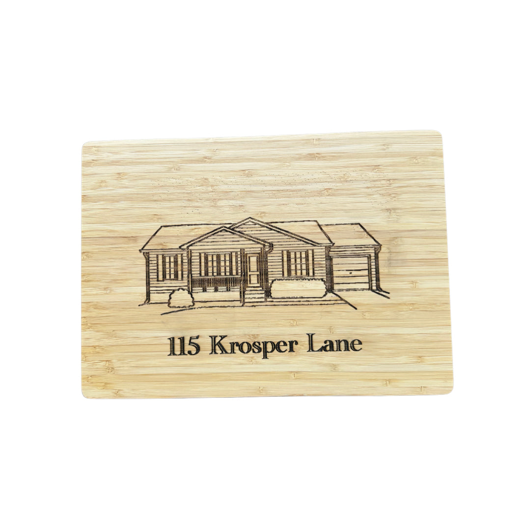 Engraved Bamboo Cutting Board – Custom Home Illustration & Address (14″ x 10″)