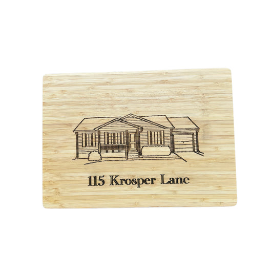 Engraved Bamboo Cutting Board – Custom Home Illustration & Address (14″ x 10″)