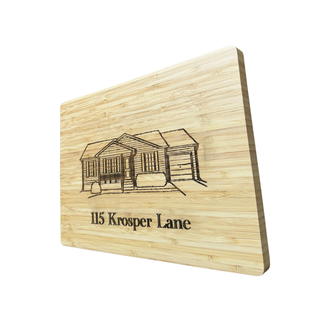 Engraved Bamboo Cutting Board – Custom Home Illustration & Address (14″ x 10″)