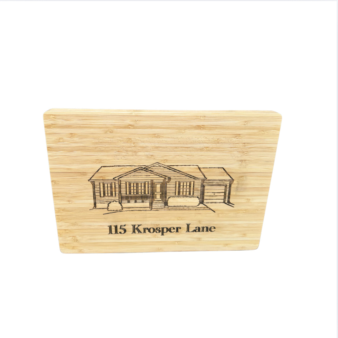 Engraved Bamboo Cutting Board – Custom Home Illustration & Address (14″ x 10″)