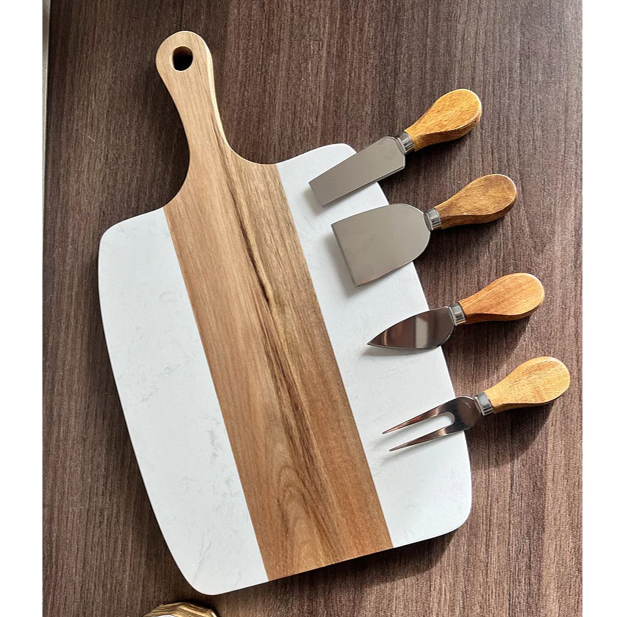 Custom Engraved Marble & Acacia Wood Charcuterie Board – Personalized Serving Set