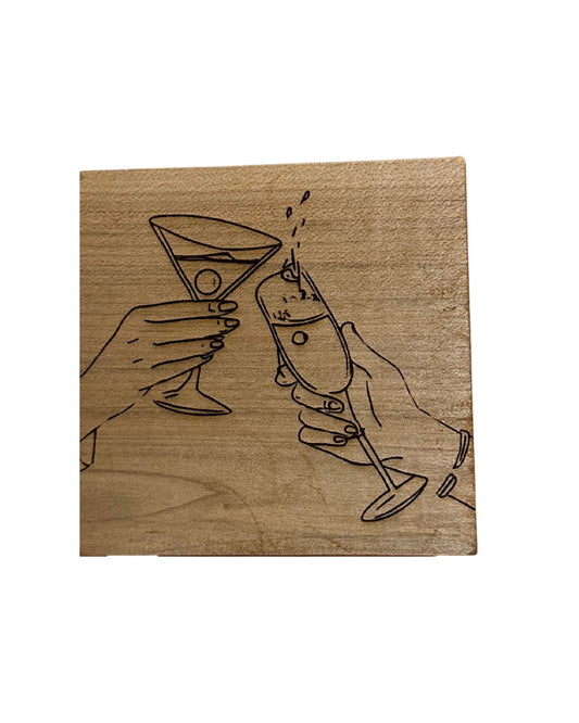 Handcrafted Coaster Set – Cheersing Martini & Champagne Glasses Engraved – Set of 4