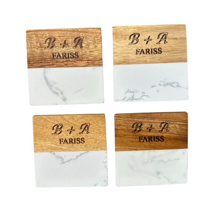 Custom Engraved Marble & Acacia Wood Coaster Set – Personalized 4-Piece Gift Set