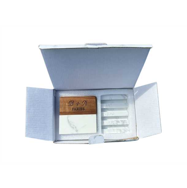 Custom Engraved Marble & Acacia Wood Coaster Set – Personalized 4-Piece Gift Set