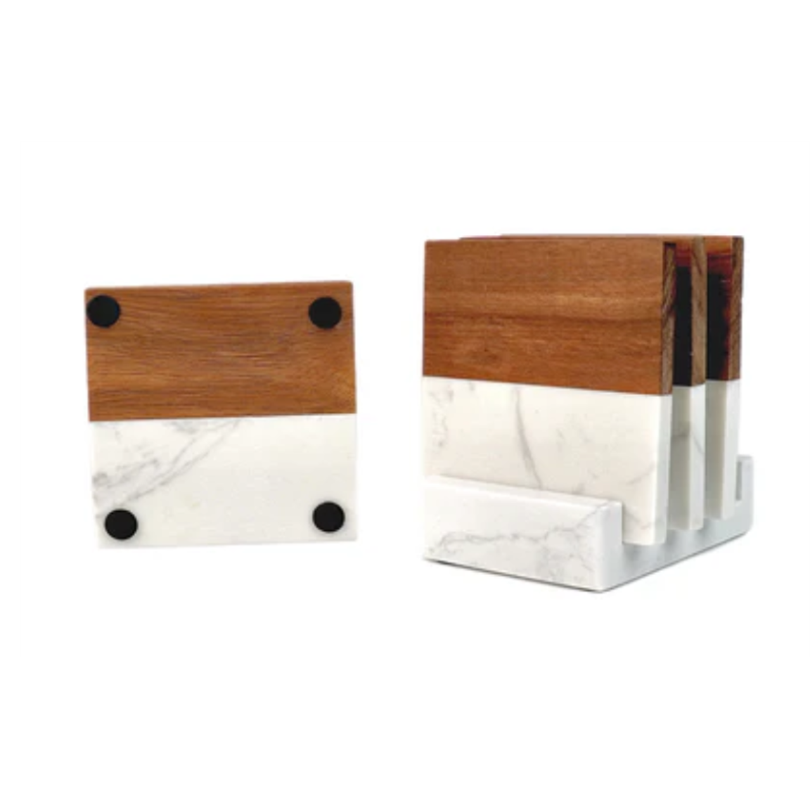 Custom Engraved Marble & Acacia Wood Coaster Set – Personalized 4-Piece Gift Set