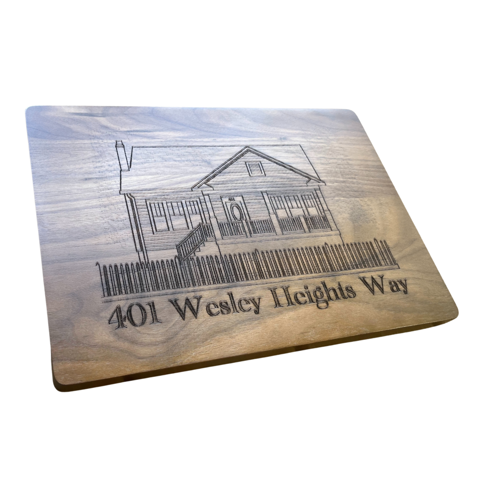 Engraved Walnut Cutting Board – Custom Home Illustration & Address (14″ x 10″)