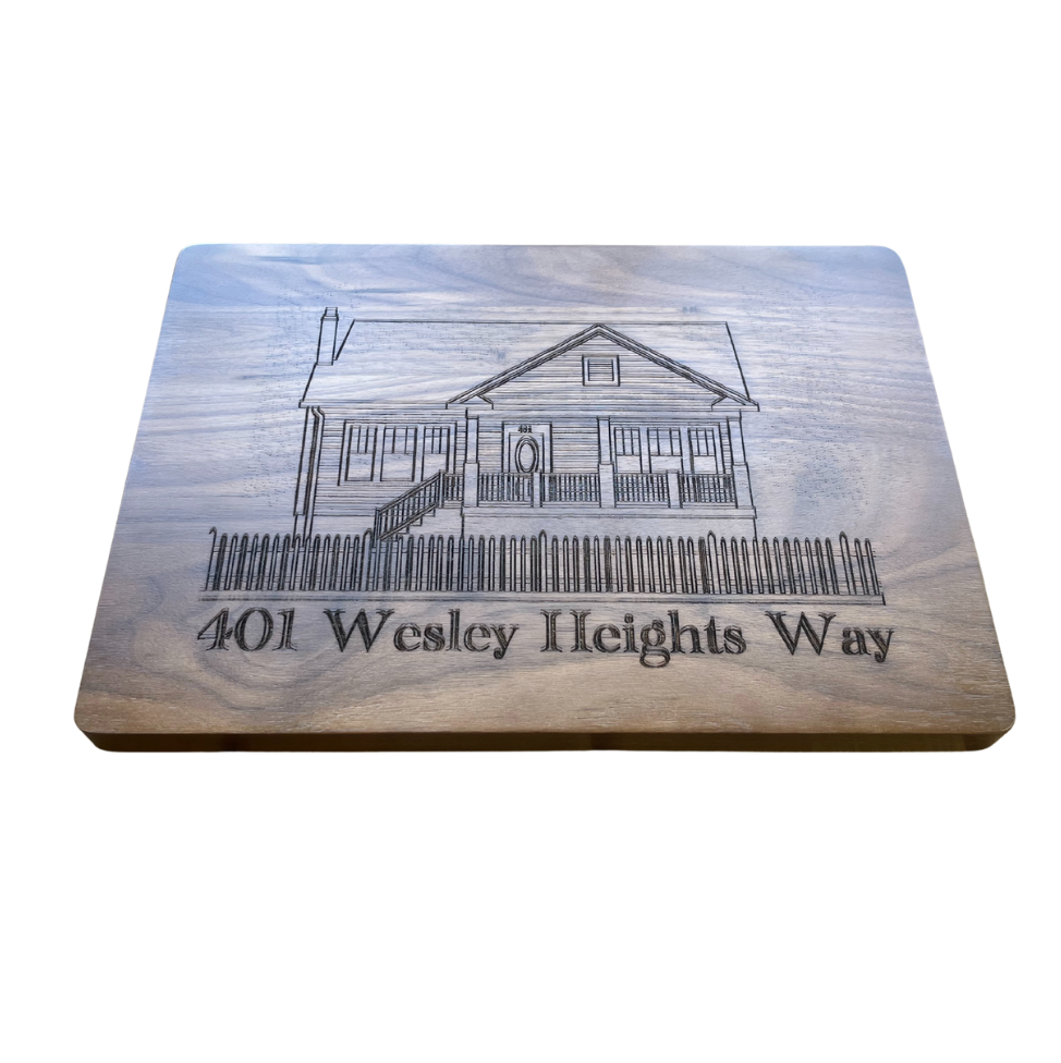 Engraved Walnut Cutting Board – Custom Home Illustration & Address (14″ x 10″)