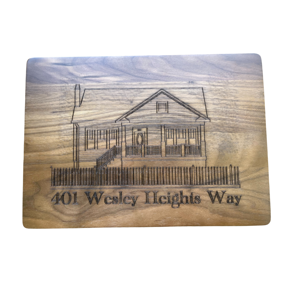 Engraved Walnut Cutting Board – Custom Home Illustration & Address (14″ x 10″)