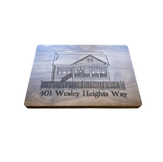 Engraved Walnut Cutting Board – Custom Home Illustration & Address (14″ x 10″)