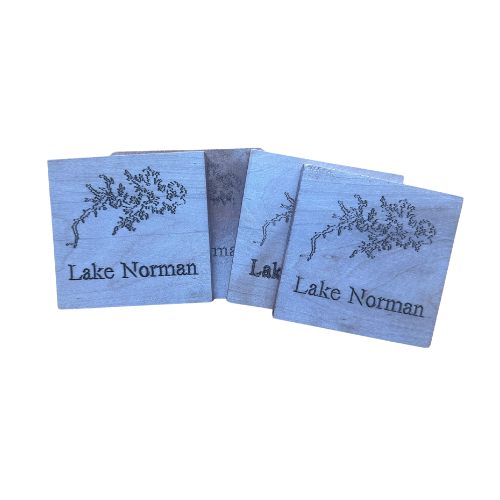 Handmade Cherry Wood Coaster Set – Lake Norman Outline Engraving (4-Piece, 4″ x 4″)