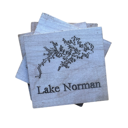 Handmade Cherry Wood Coaster Set – Lake Norman Outline Engraving (4-Piece, 4″ x 4″)