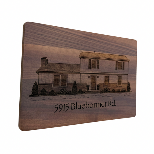 Custom Cutting Board – Walnut Home Illustration & Address (14″ x 10″)